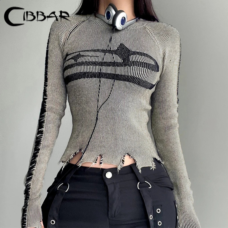 CIBBAR Vintage Ripped Stitched Sweater Pullovers Harajuku Print Full Sleeve Jumpers for Women Autumn Winter Knitwears Streetwear 240726