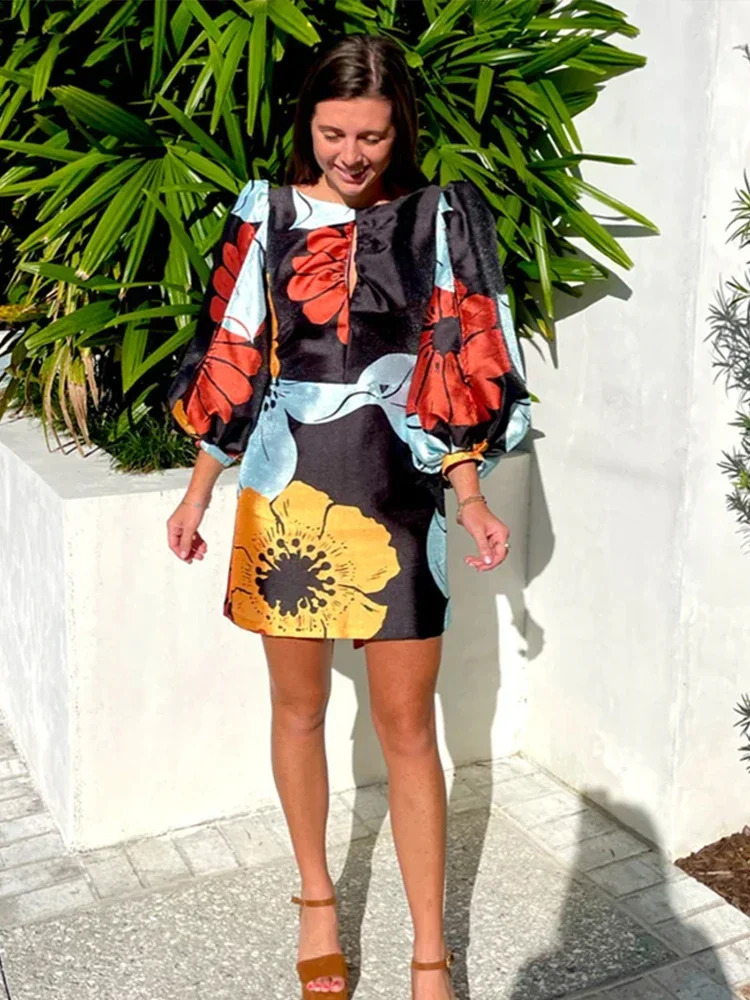 2024 Elegant Backless Floral Mini Dress Summer Women Long Lantern Sleeve Beach Dresses Female Chic O-Neck Hollow Party Vestidos 240726