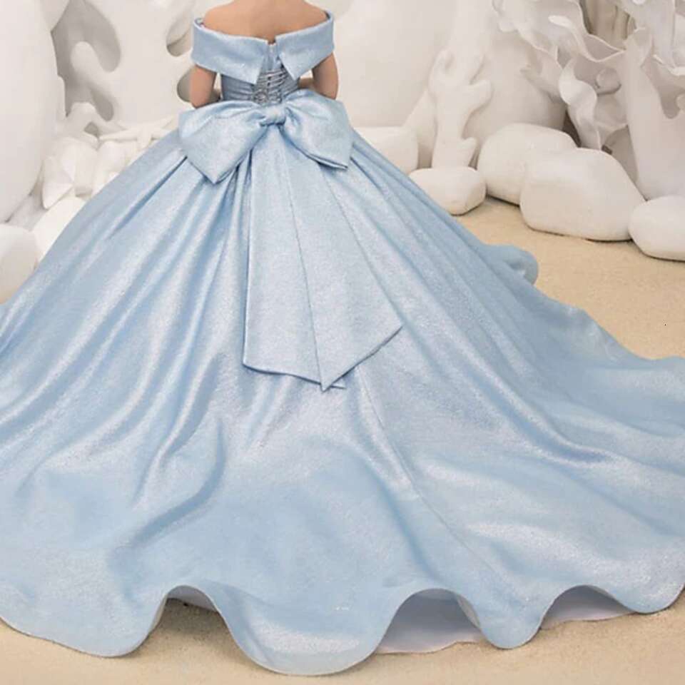 Off Shoulder Long wer Girl Dresses Elegant Bow Princess Satin Ball Gown for Kids Birthday Party First Communion Dress