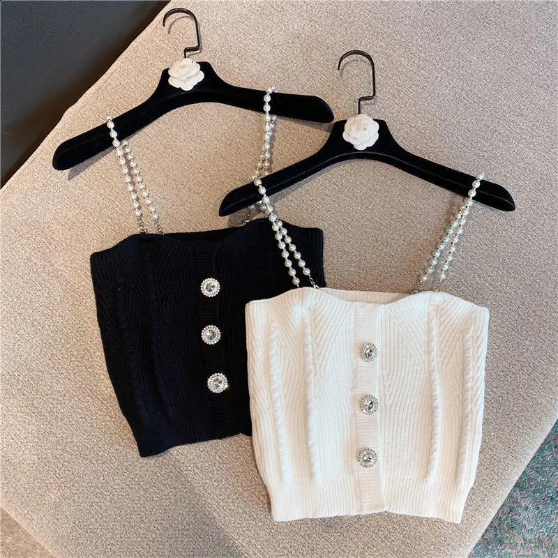Women's corset top Summer Rhinestone buckle short knitted spaghetti strap knitted vest Camis crop top for women 240726
