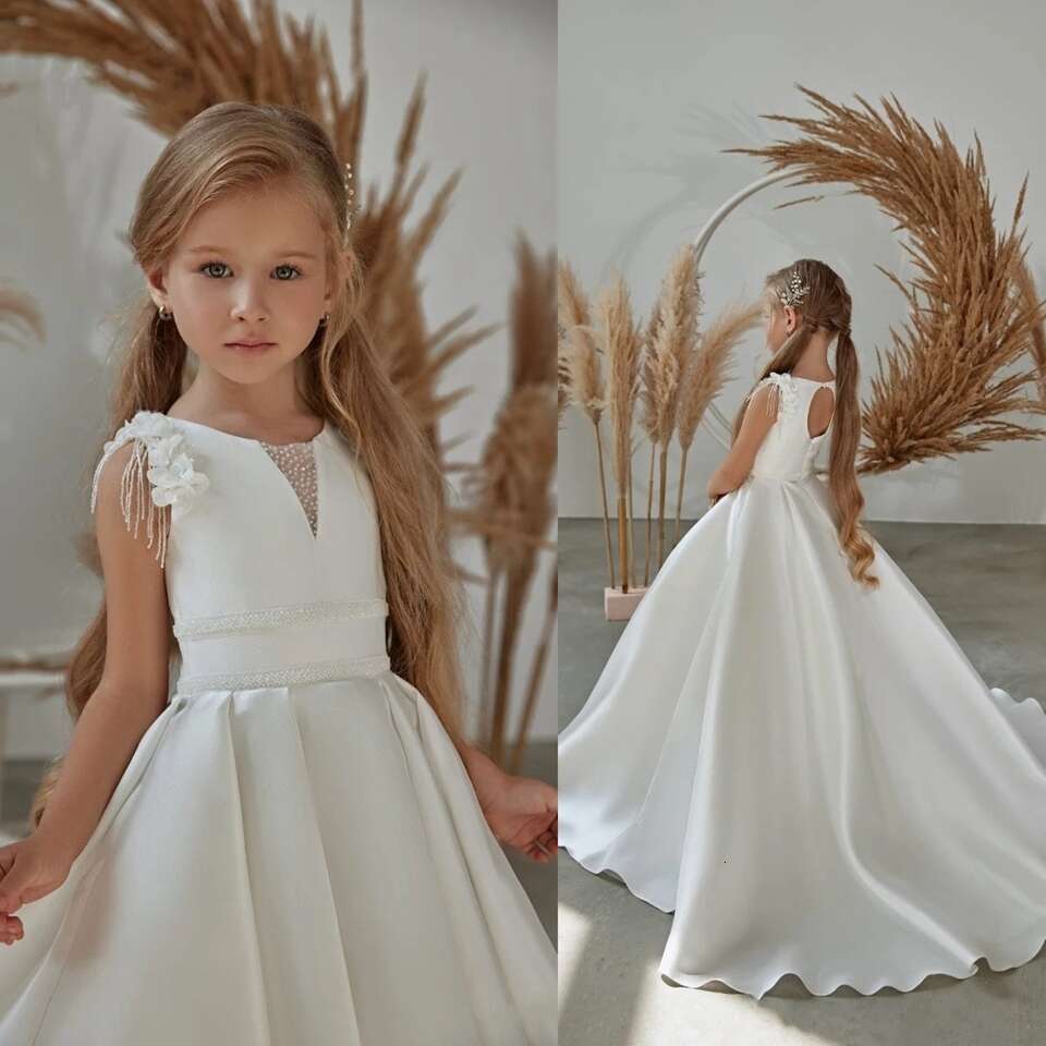 Simple White wer Girl Dress for Weddings 3D wers Beaded Satin A-e Long Birthday Pageant Robe First Communion Gown