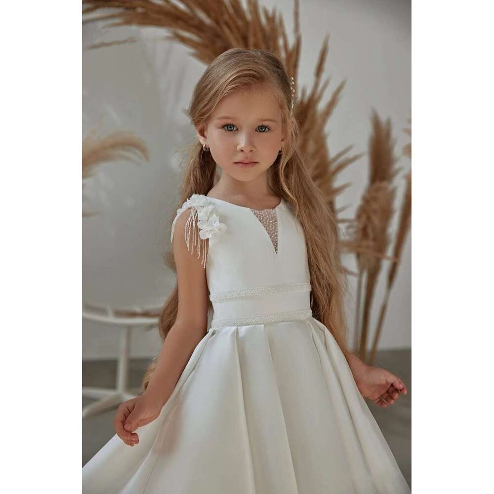 Simple White wer Girl Dress for Weddings 3D wers Beaded Satin A-e Long Birthday Pageant Robe First Communion Gown