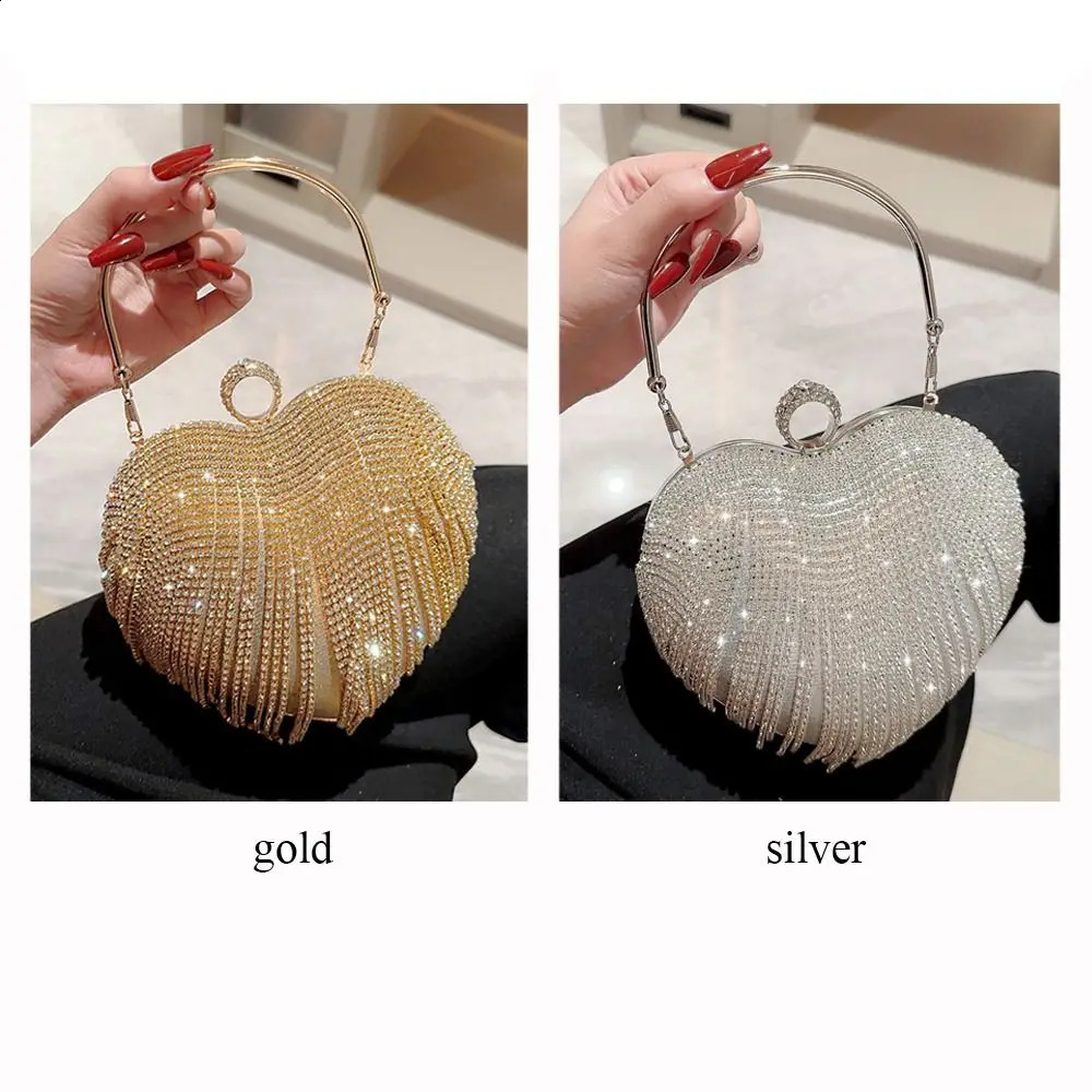 Tassel Evening Bag Elegant Heart-shaped Rhinestone Decorative Dinner Bag Handbags Wedding Party 240726