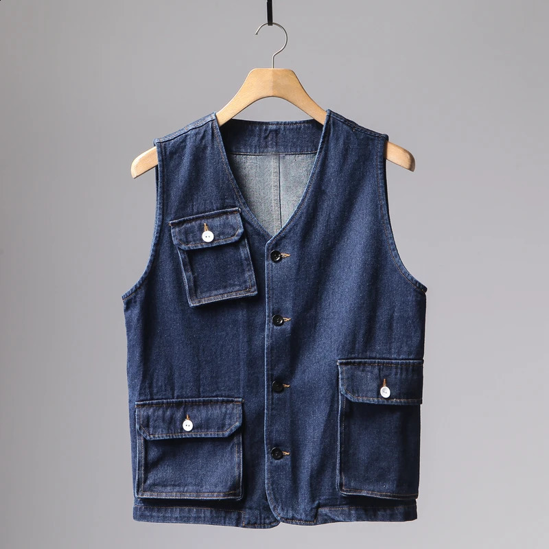 Motorcycle Retro Denim Vest Mens Multi Pockets Workwear Sleeveless Jacket Y2k Youth American Casual Cotton Camisole Top Vintage 240717