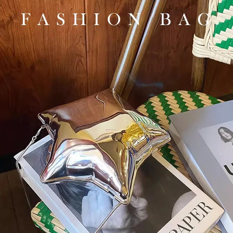 Nice n Gold And Silver Chain Womens Evening Bags 2024 Bright Face Five Pointed Star Shoulder bag Funny Party Bag 240826Z