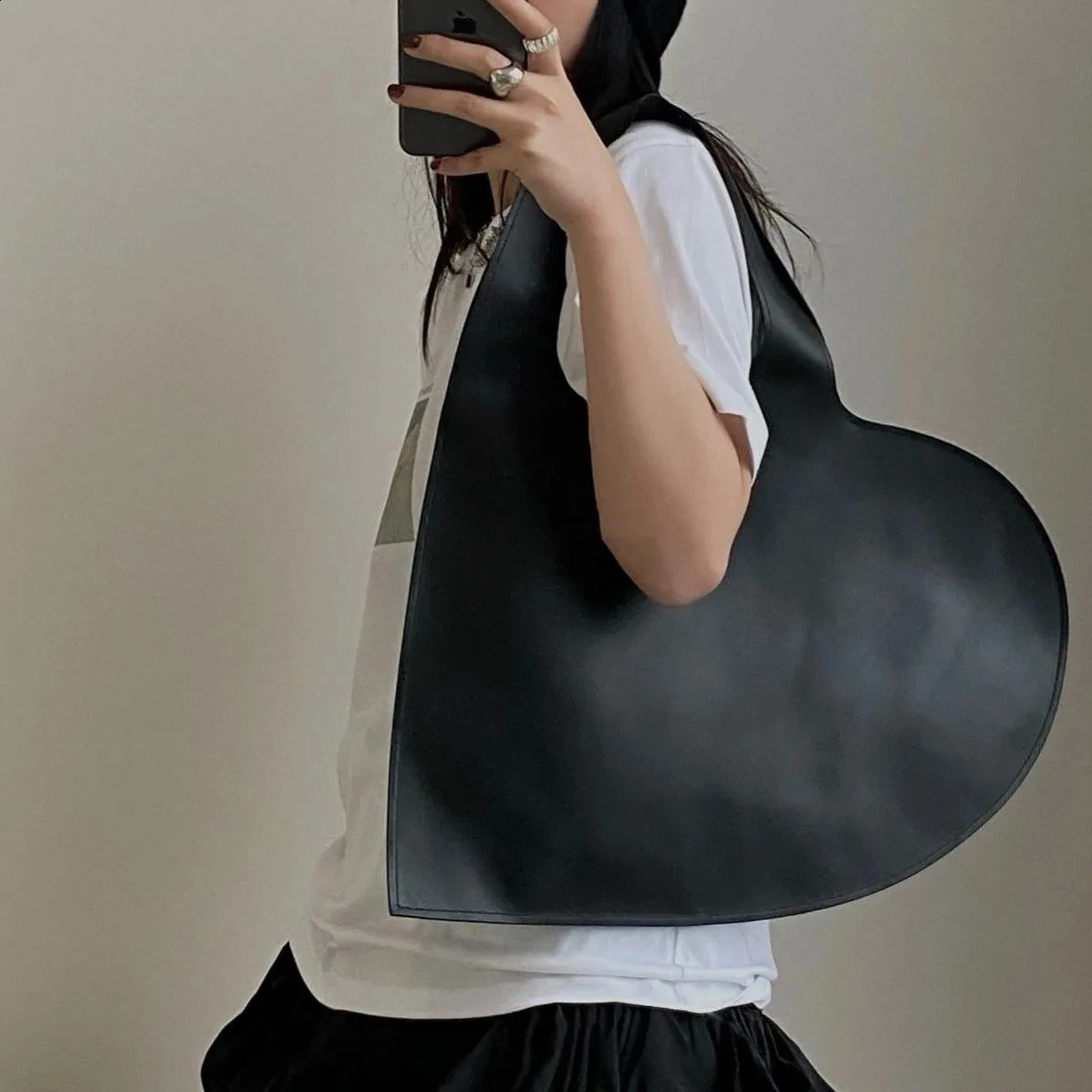 Fashion Black Heart Handbag Women PU Leather Tophandle Bag Shopping Tote Shoulder Trendy Crossbody Purse 240725ZYl