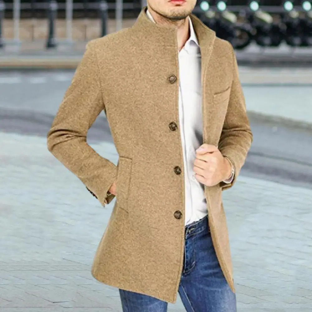 Men Stand Collar Long Sleeve Woolen Coat Single Breasted Pockets Mid-length Windbreaker Outwear Korean Style Spring Trench Coat 240826