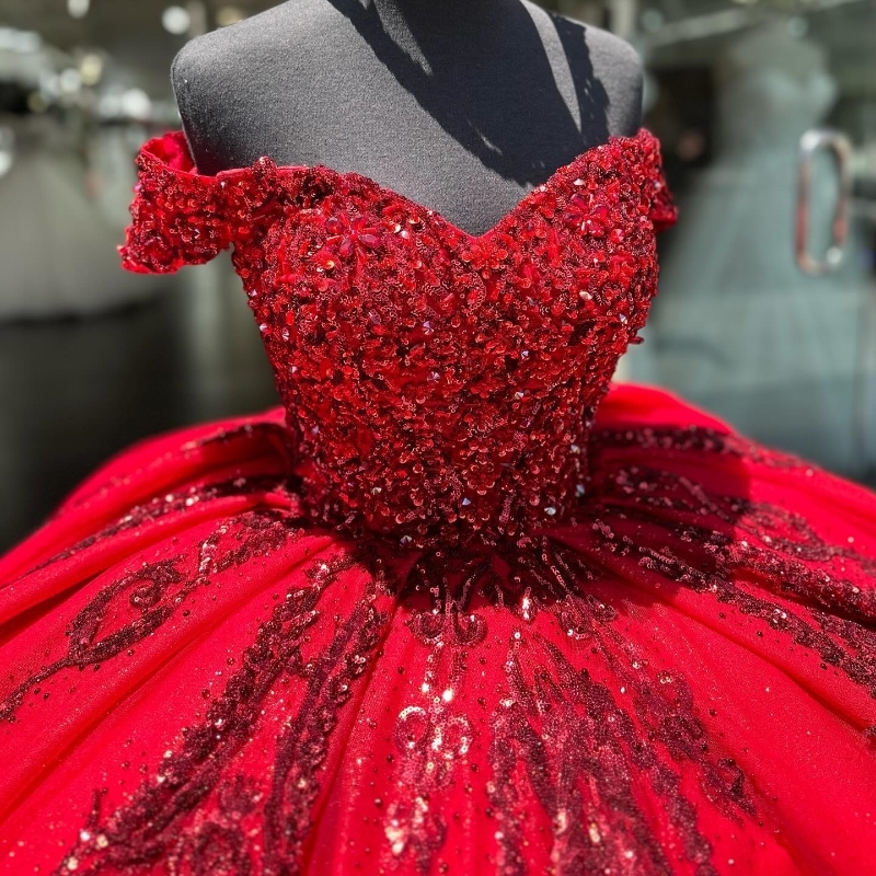 Shiny Red Quinceanera Dresses Ball Gown Off The Shoulder Glitter Sequins Applique Lace Beads Crystal Party Birthday Sweet Dress Vestidos De Anos