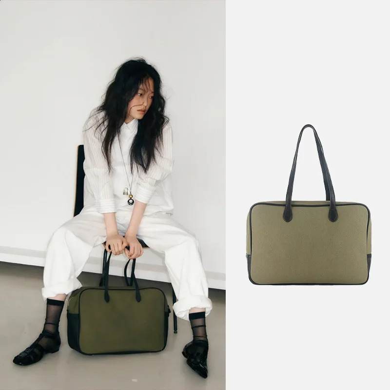 Boston Bags FIRMRANCH Minimalist Square Large Capacity Boston Bag Army Green Canvas Cowhide Womens Single Shoulder Underarm Purse 240726