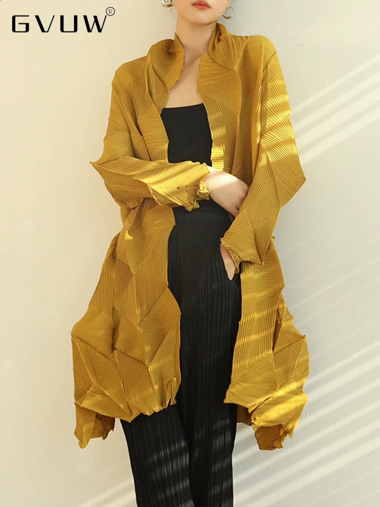 GVUW Fold Trench For Women Autumn Summer Long Sleeves Open Stitch Loose Pleated Coat Ladies Sun Protection Clothing 25D1036 240716