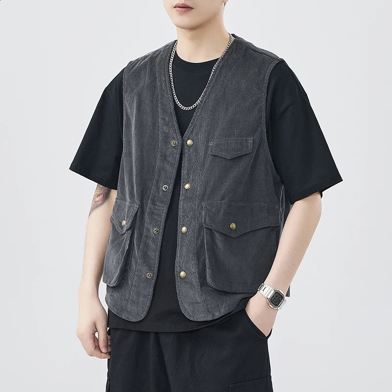 100% Cotton Corduroy American Workwear Vest Mens Mountain Outdoor Summer Autumn Vest Coat 24ss Y2k Youth Male Vintage Cityboy 240717