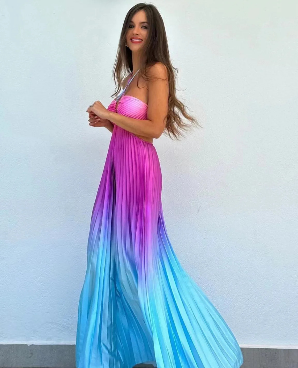 2024 Summer Fashion Women Long Dress Sexy Halter Neck Dress Sleeveless Hanging Trint Comfortable Party Club Women Streetwear 240726
