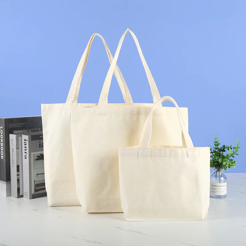 Large Capacity Canvas Shopping Bags Folding EcoFriendly Cotton Tote Reusable DIY Shoulder Bag Grocery Handbag Beige White y240925