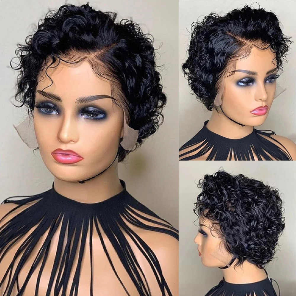 Short Bob Wig Pixie Cut Wig Curly Human Hair Wigs For Women 13*4*1 Lace Front Transparent Deep Wave Lace Wig 240719