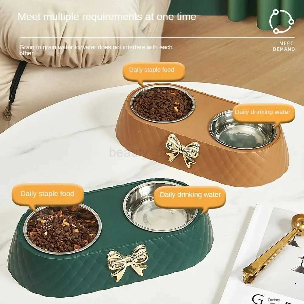 Cats and dogs special light luxury bow stainless steel double bowl convenient feeding and watering food bowl dog bowl zxx240726