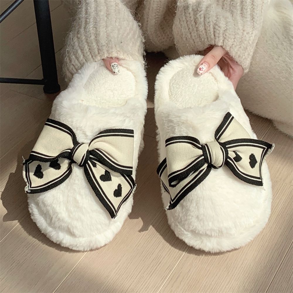Cozy 2024 Winter Plush Bow Cotton for Women, Warm Indoor Home Slippers
