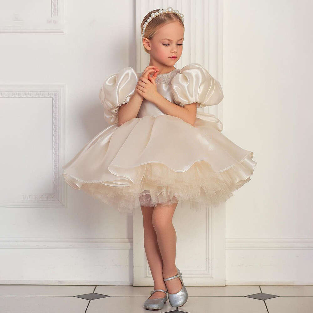 Girl Fluffy Layered Tulle Short Bubble Sleeve Sparkle Wedding Litter wer Child Communion Birthday Party Dress