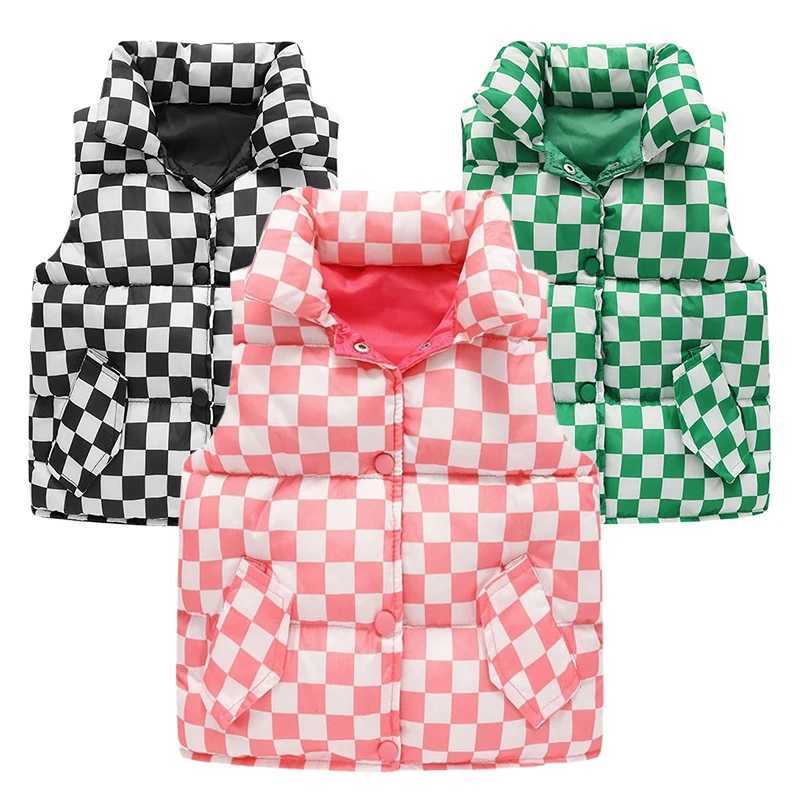 Childrens autumn warm vest girls fashionable plaid apron jacket boys casual standing collar down jacket cotton vest 2Y-10YW240724