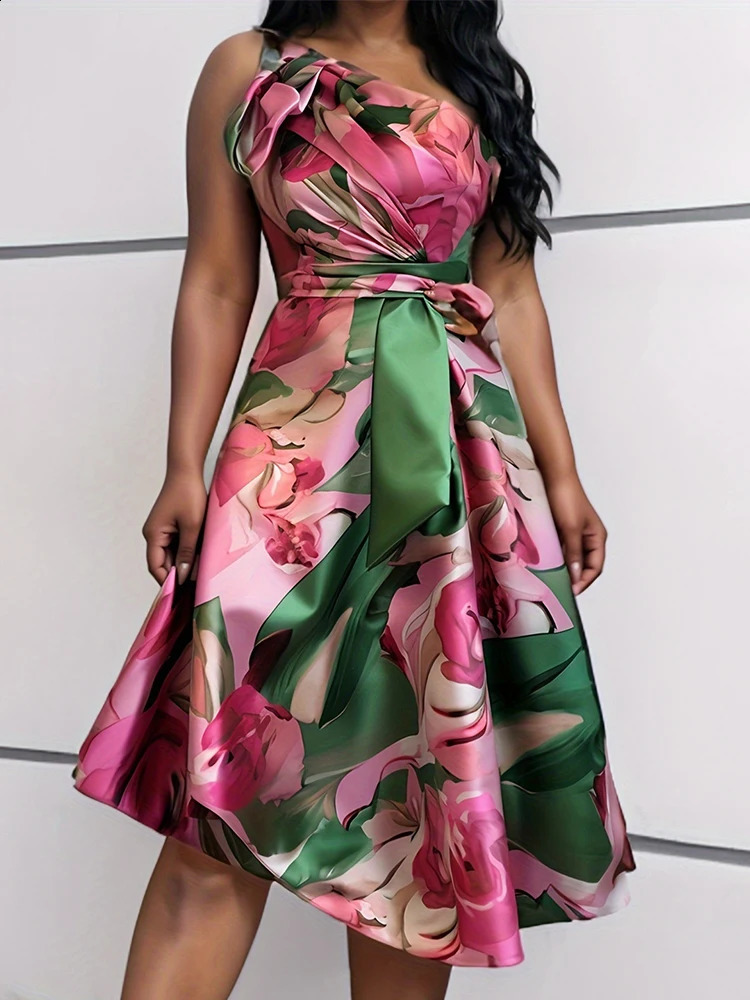 Plus Size Formal Elegant Pink Floral Summer One Shoulder Satin Midi Dresses Cocktail Evening Prom Party Dresses Female Dress 240730