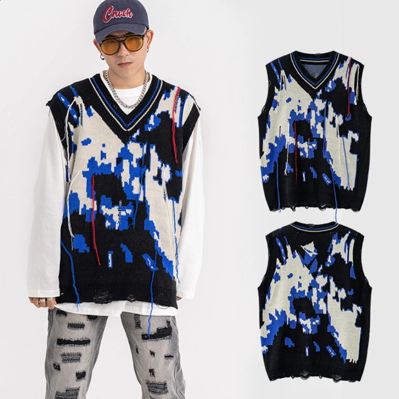 Harajuku Tattered Fringed Sweater Vest Men Womens Y2k Vintage Oversized Knitted Ugly Sleeveless Sweater Black Pullover Spring 240717