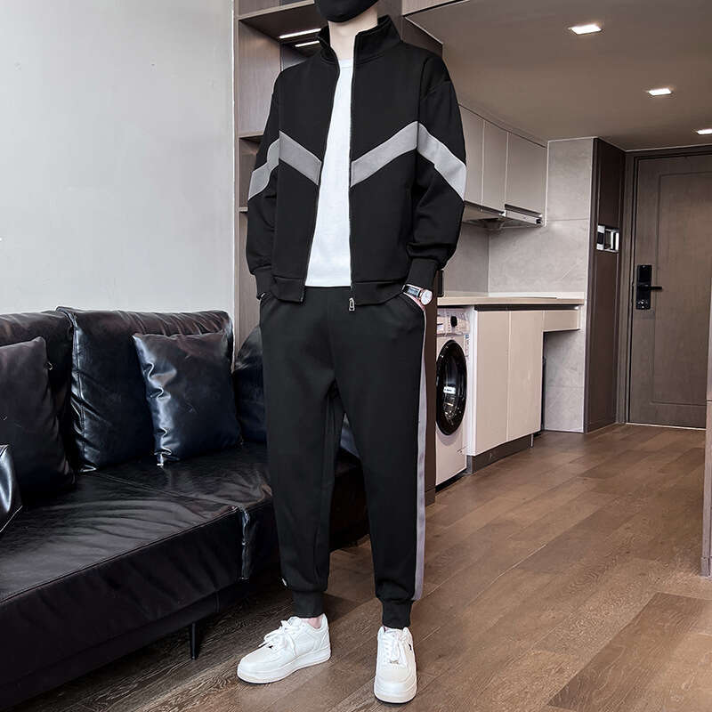 2024 Spring New Casual Mens Contrast Splicing Stand Up Collar Two Piece Set Sports Youth Korean Edition Loose Nine Points Hip-hop Style Men Pants Cott