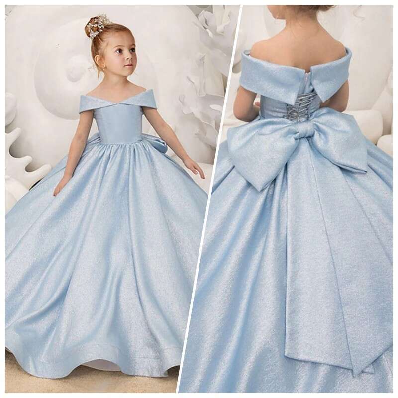 Off Shoulder Long wer Girl Dresses Elegant Bow Princess Satin Ball Gown for Kids Birthday Party First Communion Dress
