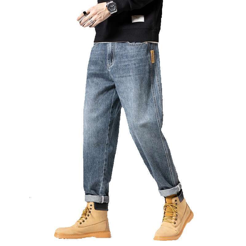 Spring and Autumn New Men 2024 Korean Version Straight Leg Jeans Mens Micro Elastic Casual Plus Size High-end Harun Pants Nine Points Jeans for Pregna