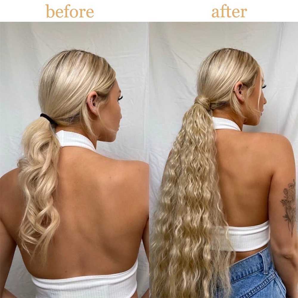 Merisihair curly ponytail extension clip around synthetic wrap ponytail wig long water wave ponytail womens fake W240817