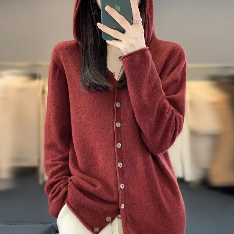 Merino wool Cardigan hat Fall/winter cashmere sweater womens o collar 100% wool warm bottom knit shirt top 240824