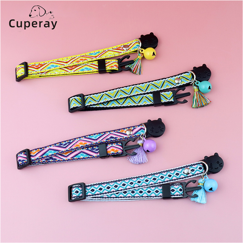 Polyester Pet Collar Adjustable Cat Collar with Tassel and Bell Decoration Colorful Check Jacquard Pattern Collar for Cats & Dog