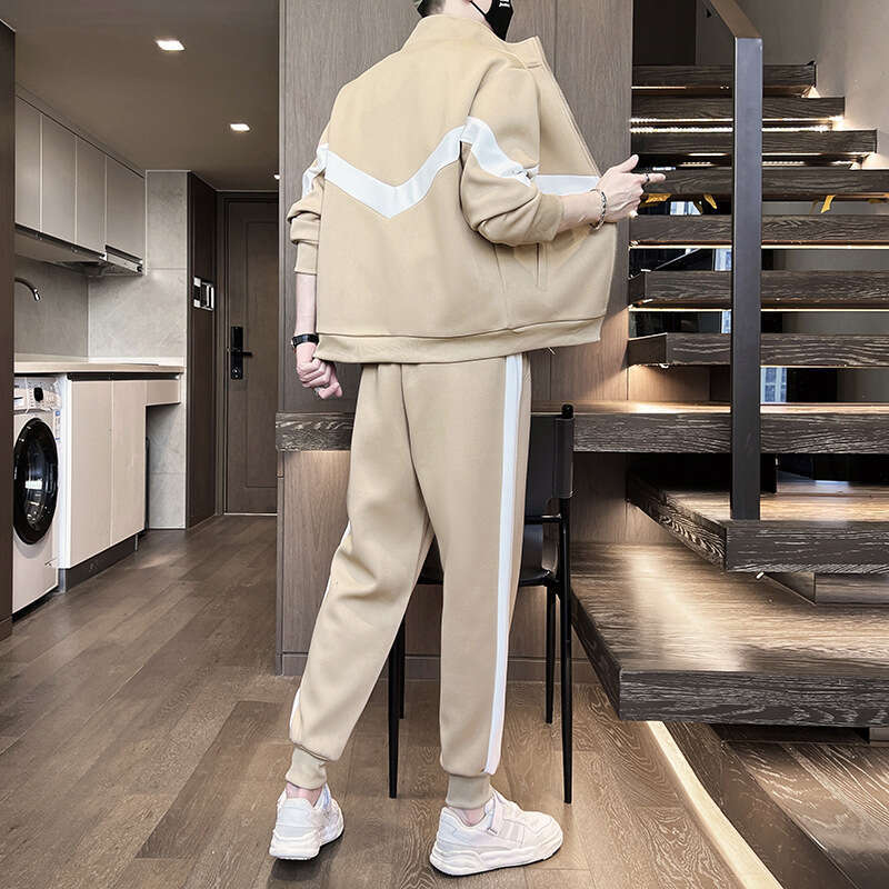 2024 Spring New Casual Mens Contrast Splicing Stand Up Collar Two Piece Set Sports Youth Korean Edition Loose Nine Points Hip-hop Style Men Pants Cott