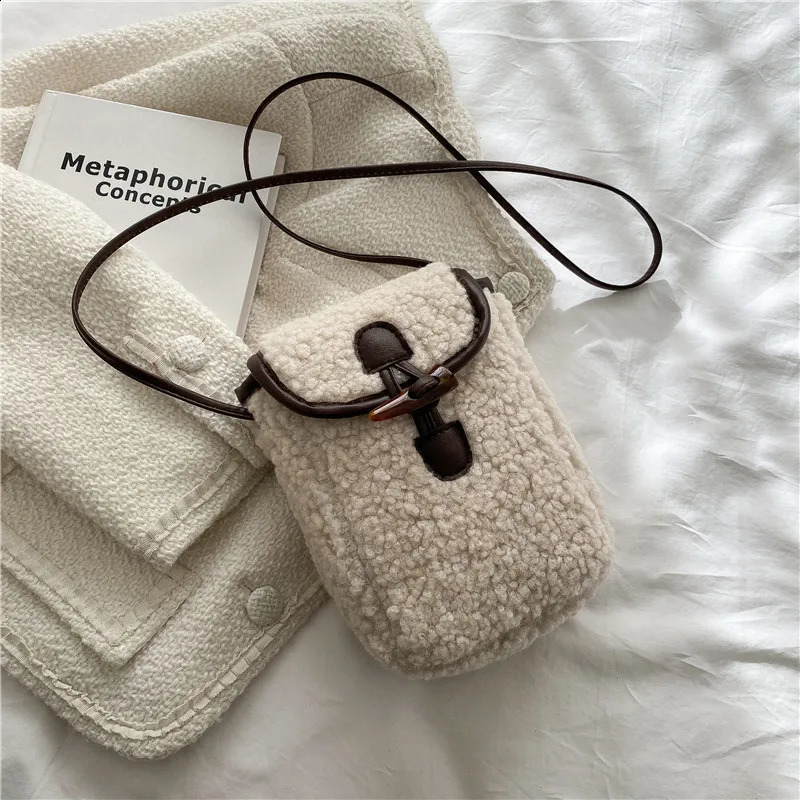 Womens Winter Soft Phone Bag Ten Font Womens Mini Sling Shoulder Bag Womens Checkered Sherpa Wallet 241105