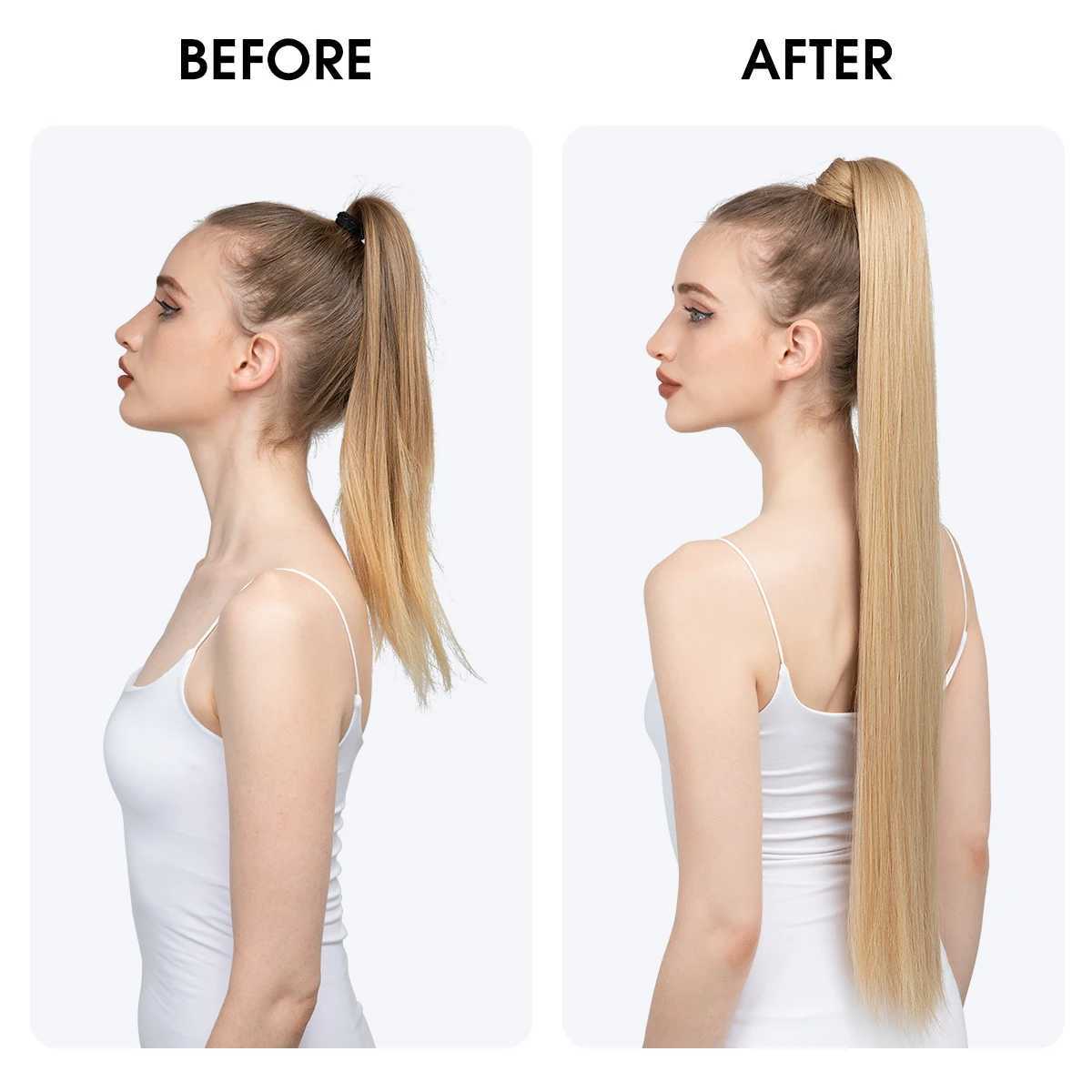 Synthetic long straight ponytail with hair extension of 32 inches clipped onto a fake wig with blonde hair wrapped around the braid smooth ponytail W2
