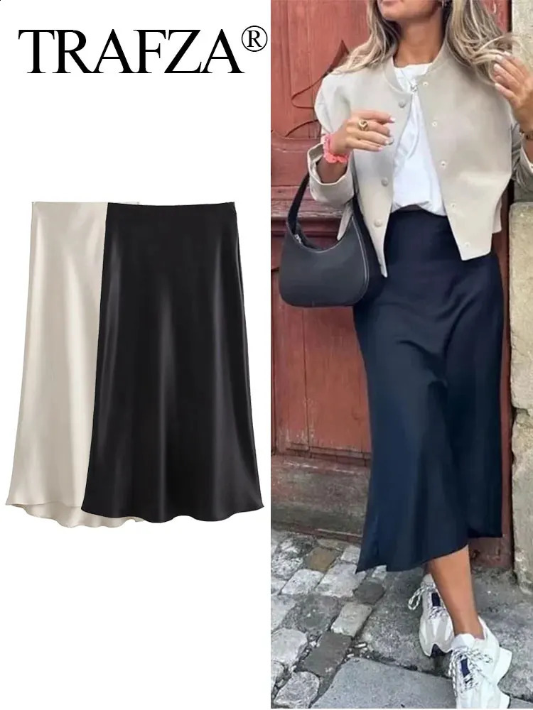 TRAFZA Women Elegant Solid Satin Long Skirt Chic Y2K High Waist Slim Skirts Female Fashion Silk Texture Ladies Tight Midi 240725