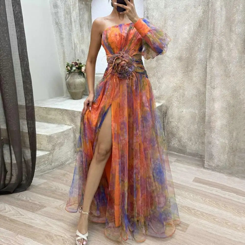 Formal Evening Dress Elegant One Shoulder Tie Dye Ball Dress Mesh Bubble Sleeves Split Hem Womens Evening Dress 240712