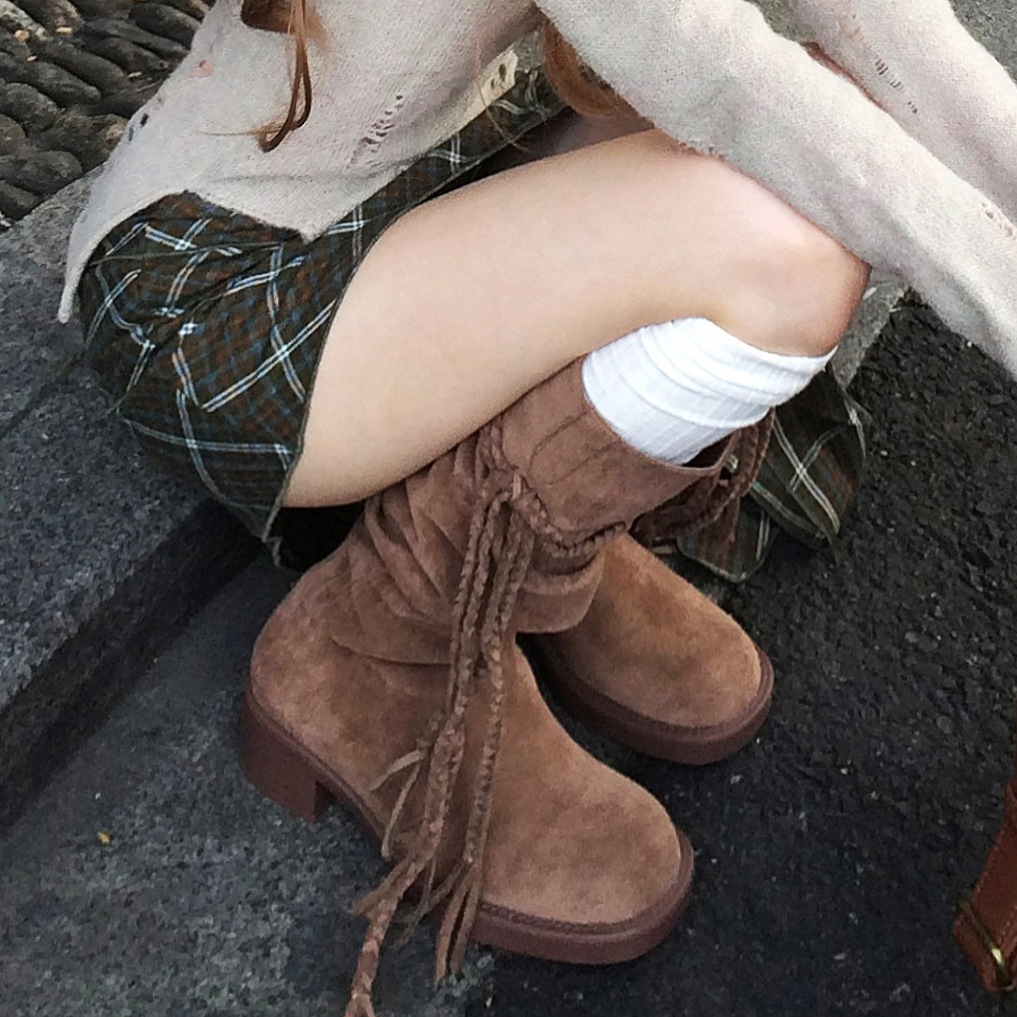 Ladies' autumn and winter brown fringed boots