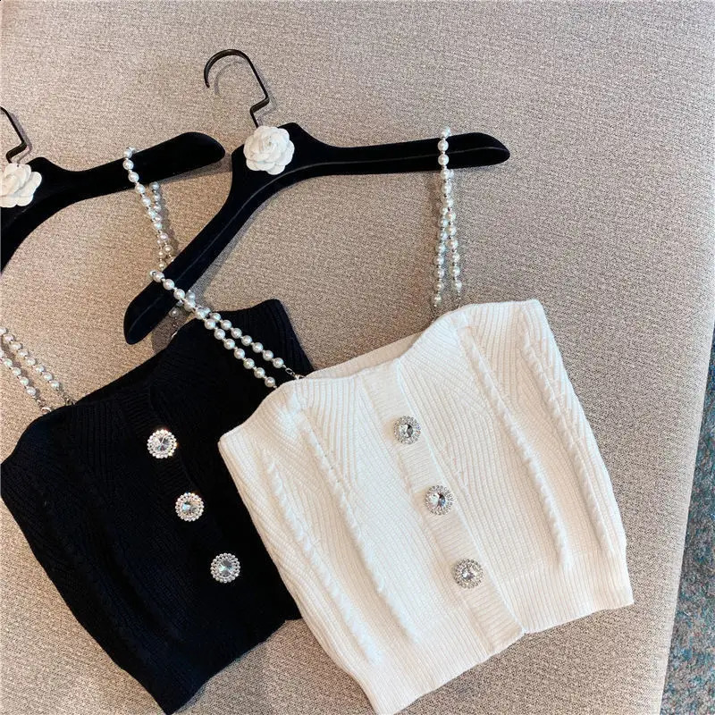 Women's corset top Summer Rhinestone buckle short knitted spaghetti strap knitted vest Camis crop top for women 240726