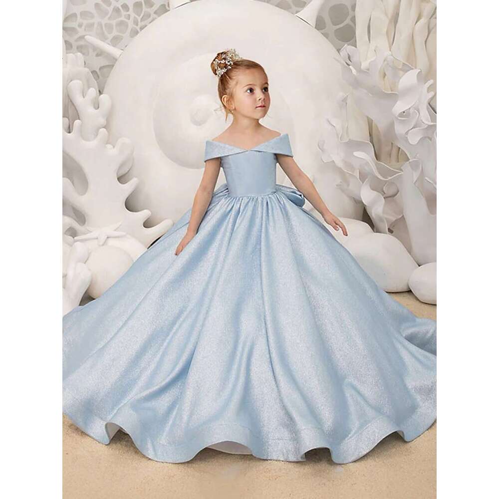 Off Shoulder Long wer Girl Dresses Elegant Bow Princess Satin Ball Gown for Kids Birthday Party First Communion Dress