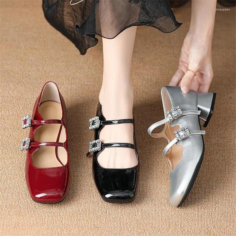 Dress Shoes Patent Leather Women High Heel Retro Thick Female Pumps Brand Buckle Strap Solid Classics