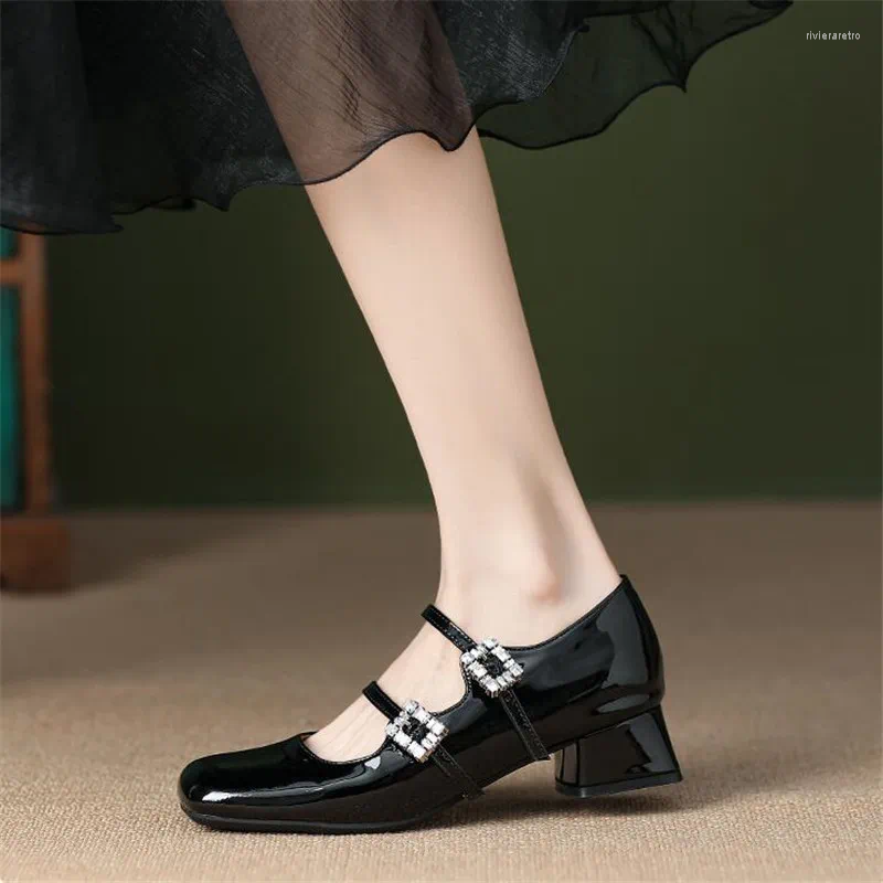Dress Shoes Patent Leather Women High Heel Retro Thick Female Pumps Brand Buckle Strap Solid Classics