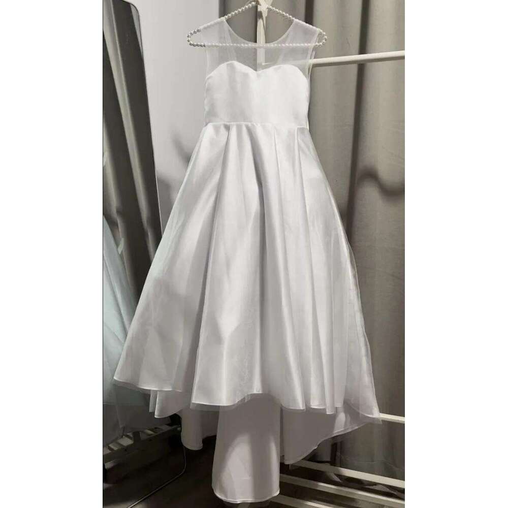 Simple White Child wer Girl Dresses for Weddings Satin A-e Tulle Bow Long Bridesmaid Pageant Robe First Communion Gown