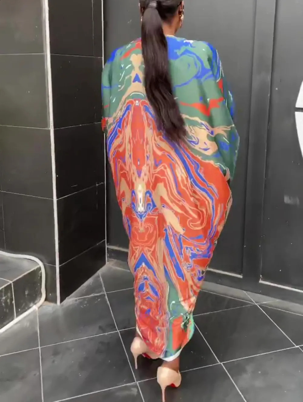 Summer African Printed Maxi Dress Women Causal V Neck Flare Ruffle Sleeve Loose Fit Ruched Front Slit Party Club Long Dress 240715