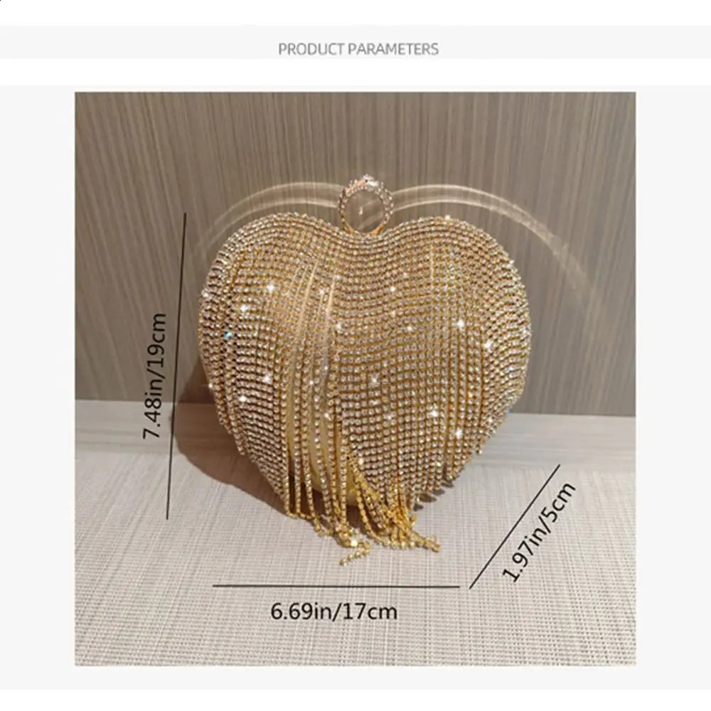 Tassel Evening Bag Elegant Heart-shaped Rhinestone Decorative Dinner Bag Handbags Wedding Party 240726