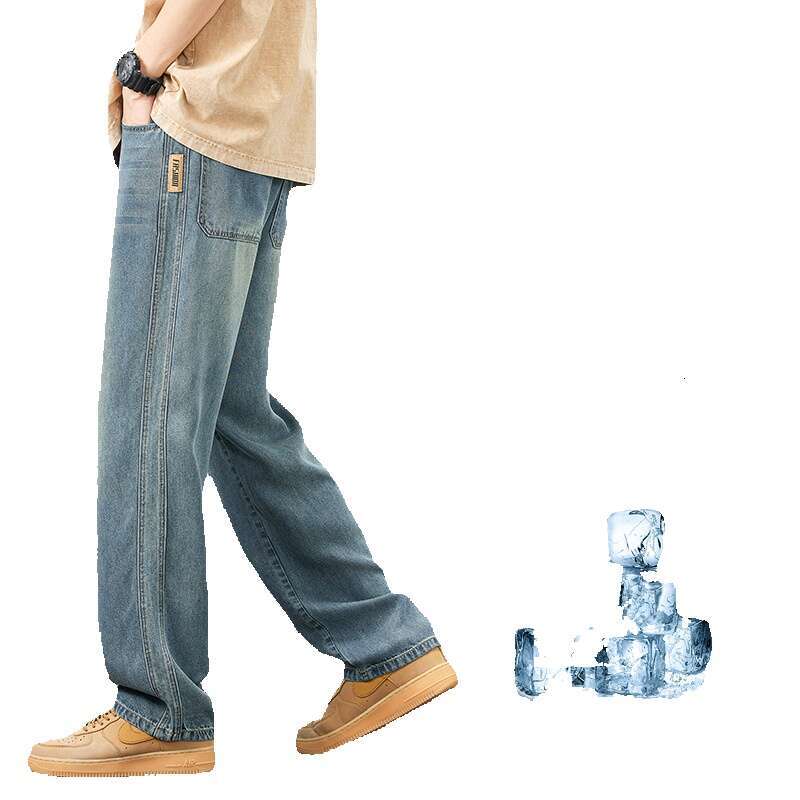 Lyocell Tencel Elastic Jeans for Mens 2024 Summer Thin Ice Silk Wide Loose Straight Leg Casual Pants Simplicity Sport Nine Points Waterproof Trousers 