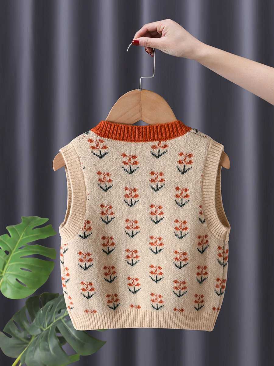 Korean New Children Sweater Vest O-Neck Double Breasted Floral Print Girls Knitted Waistcoat Casual All-Matched Kids TopsXJ240726