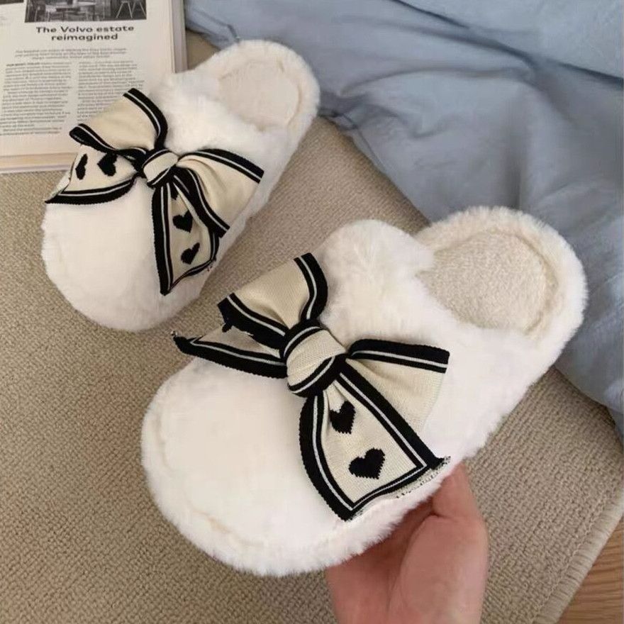 Cozy 2024 Winter Plush Bow Cotton for Women, Warm Indoor Home Slippers