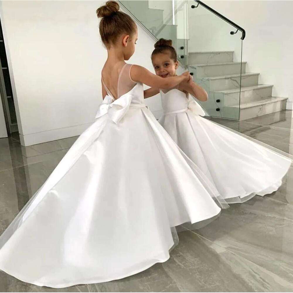 Simple White Child wer Girl Dresses for Weddings Satin A-e Tulle Bow Long Bridesmaid Pageant Robe First Communion Gown