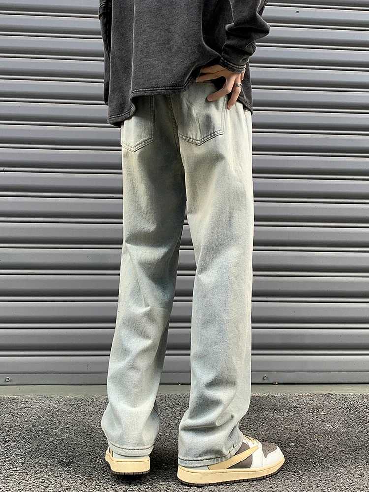 2025S Fashion Designer New High Street Mens Straight Jeans Korean Fashion Elastic Waist Retro Blue Casual Denim Pants Male Baggy Jean Trousers Z