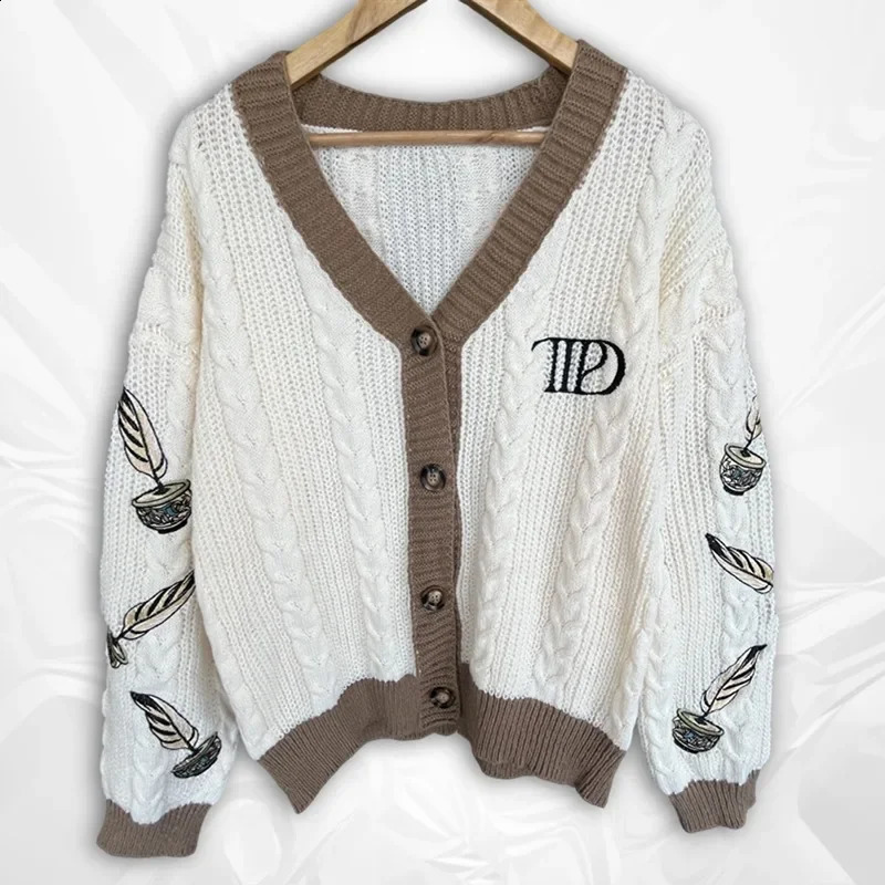 Autumn Sweaters Women High Quality Loose Fitting Embroidered Knitted Cardigan Winter Y2k Regulai Fit Beige Cardigans Female 240819