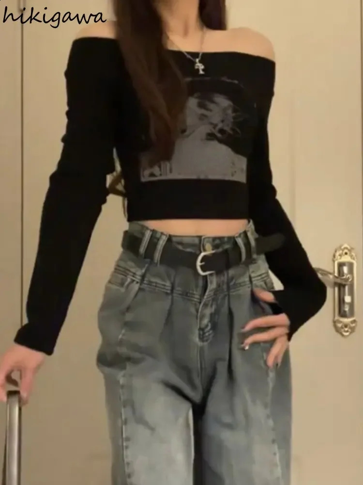 Black Woman Tshirts Slash Neck Long Sleeve Print Tees Ropa Mujer Harajuku Sexy Crop Tops Fashion Korean Casual Y2k T Shirt 240716